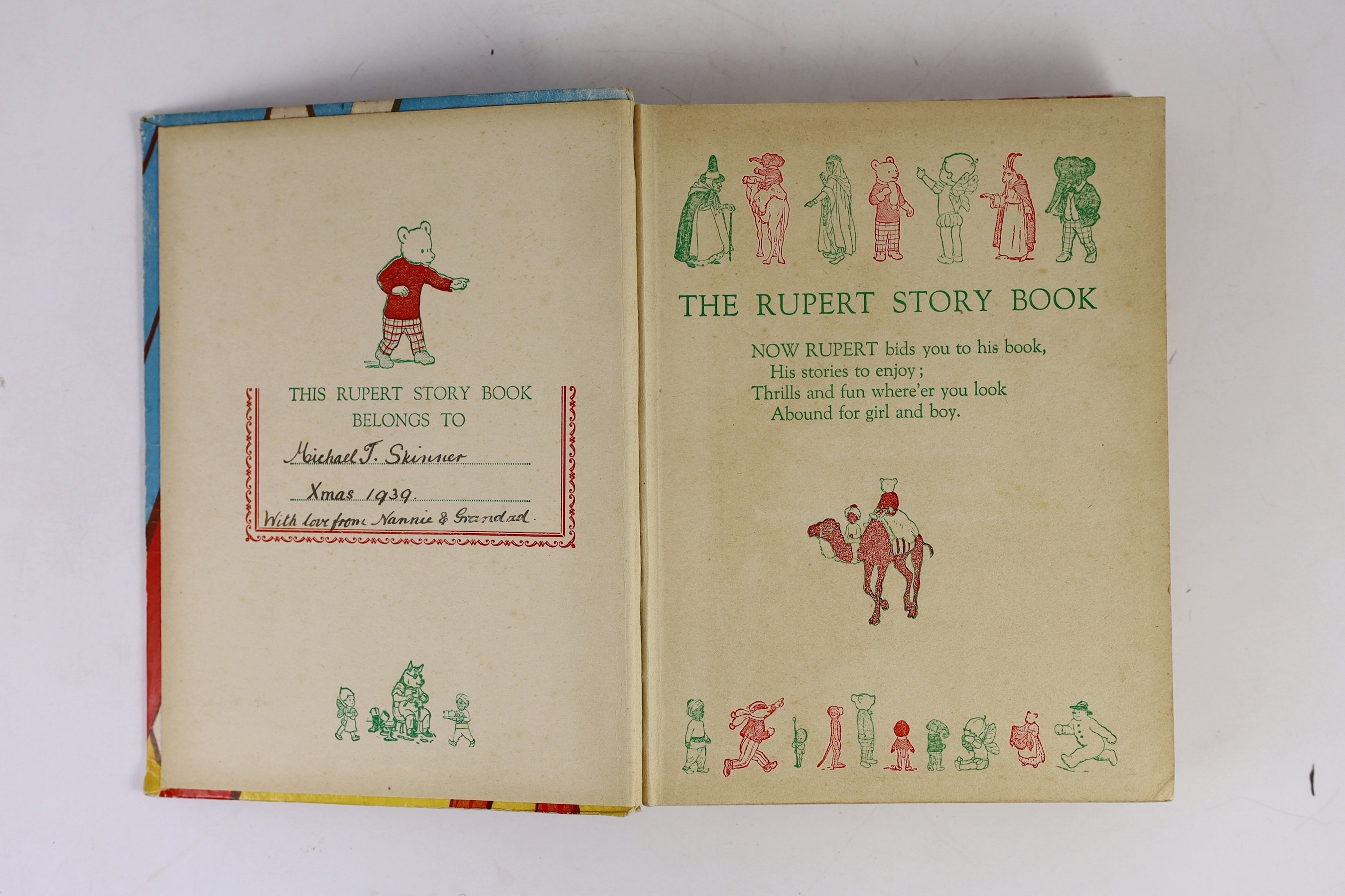 Tourtel, Mary - The Rupert Story Book, 1st edition, 4to, pictorial boards, ownership inscription neatly written in ‘’belongs to’’ box, Samson Low, Marston & Co., Ltd., London, 1938